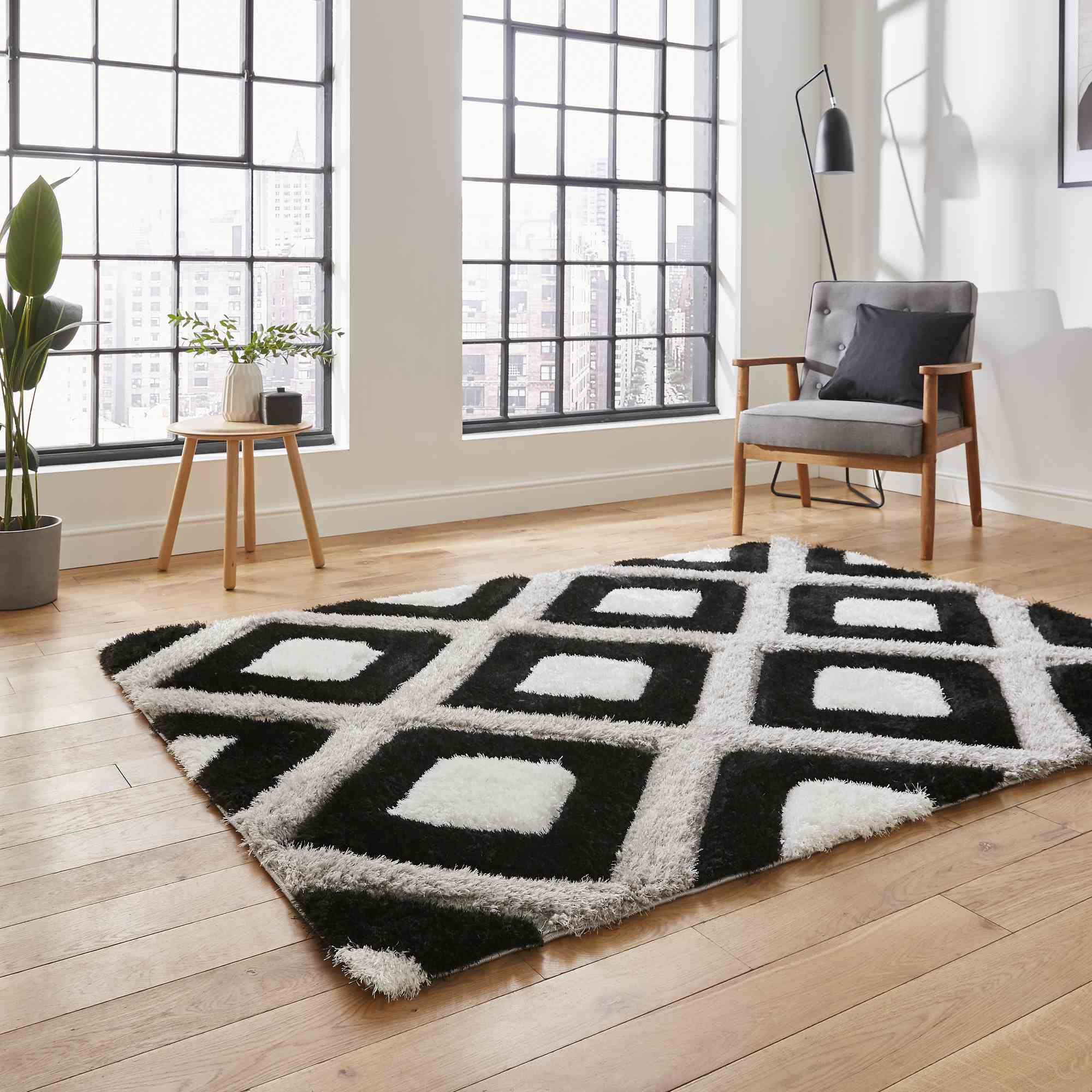 Black white deals and grey rug